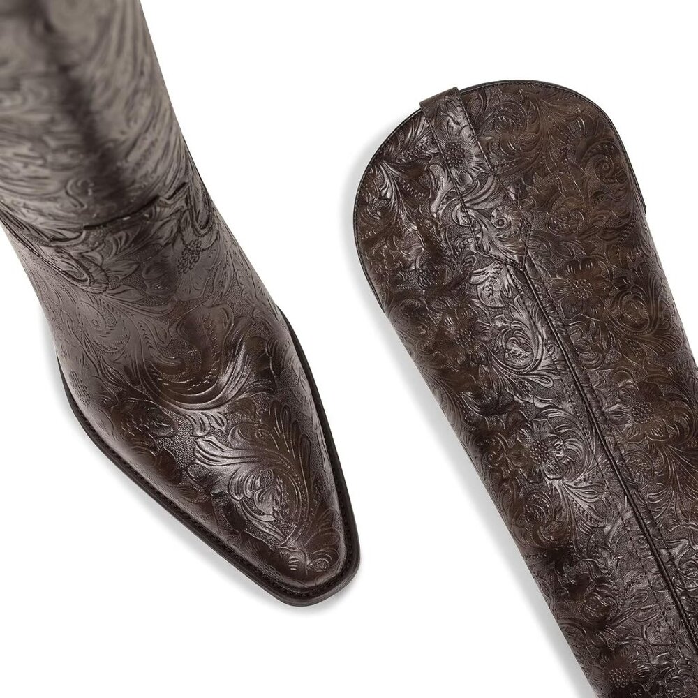 Women Brown Boots Embossed Knee High Western Boots Pointed Toe Comfortable - Picture 4 of 6